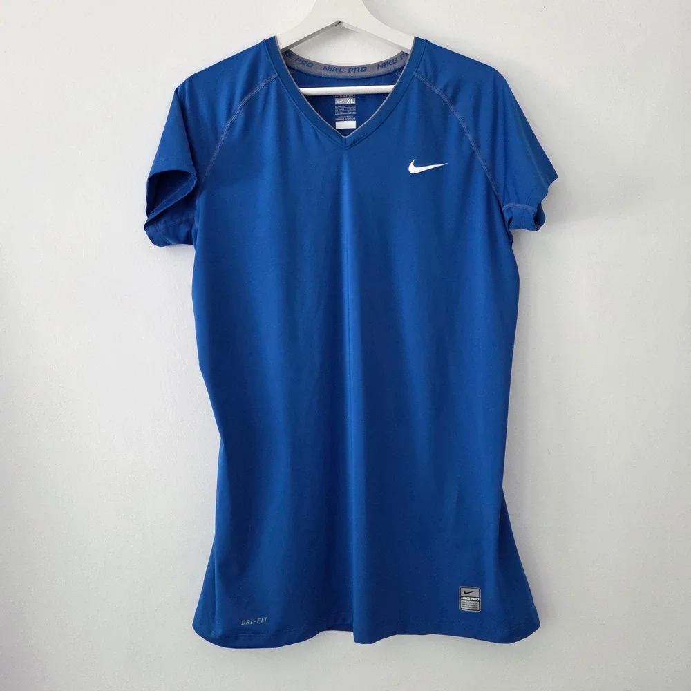 Nike Pro Training Shirt Blue Dri-FIT V-Neck Short Sleeve Women XL